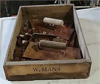 Wood advertising box full of miscellaneous