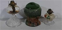 2 oil lamps and cookie jar