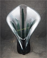 16" Hand Blown Green & Clear Tulip Art Glass