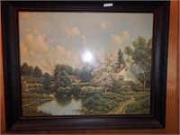 Antique framed print of house and pond