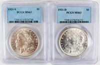 Coin 2 Morgan Silver Dollars 1921-D & S PCGS MS63
