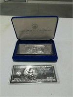 .999 pure silver $2 and $100 certificates