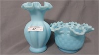 Fenton blue satin 5" vase and 5" OE hat