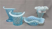 Fenton blue opal hobnail miniature vases and hats