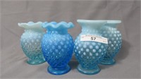 4 Fenton blue opal hobnail mini vases