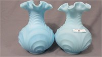 2 Fenton blue satin  arcs vases