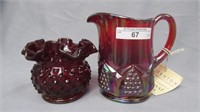 Fenton red carn. 4" pitcher and hobnail 3" rosebol