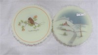 2 Fenton hand painted plates Church and Chickedee