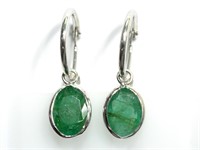 28-GC 14K White Gold Emerald Hoop Earrings