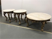 3 Marble top and gilt base tables