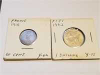 SILVER COINS 1918 50 CENTIMES 1942 FIJI SHILLING