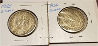 1935, 1936 SILVER 5 MARK COINS