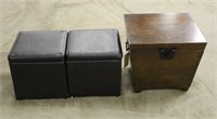Wood Storage Box & (2) Foot Stools w/Storage