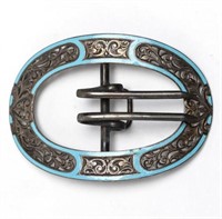 Enameled Silver Belt Buckle, Chased & w. Champleve