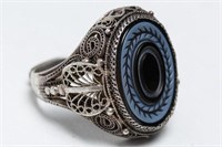 Polish Silver Filigree & Onyx Intaglio Ring