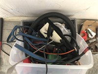 BOX OF ASSORTED TOOLS JUPMER CABLES ECT
