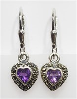 Sterling amethyst & marcasite heart earrings