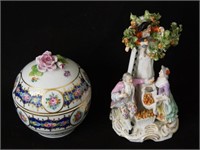 Covered Dresden porcelain bowl & Figural group