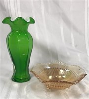Vintage vase and carnival glass dish