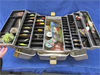 old aluminum "umco" fishing tackle box with tackle