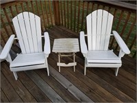 2 White Wooden Deck Chairs w/Plastic Table