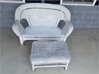 White Wicker Porch Furniture-Love Seat & Table
