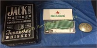 Jack Daniels tin, Heineken green bow tie and a