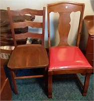 Two wood  chairs, one with vinyl padded seat