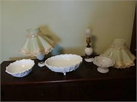 Milk glass, lamps, dishes