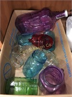 BOX OF COLORED GLASS CONTAINERS