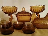 Amber glassware, compotes, hen on the nest