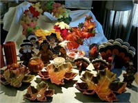 Fall decorations, dishes, turkey, leaves