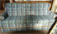Lazy Boy Blue Plaid Couch with wood trim