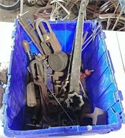 Large tote of unusual tools and other items