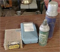 Two old thermos jugs, receipt book & cigar box