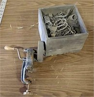 Primitive wooden box w/springs & handcrank grinder