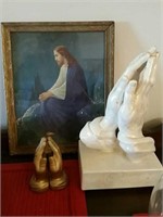 Religious pictures, praying hands, plates