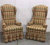 Set of tall back plaid chairs