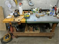 Wooden Workbench With Wood Vice And Items On Top