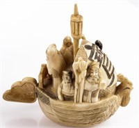 Signed Ivory Carving of Passengers on Rooster Boat