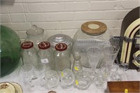 Glass storage jars incl. sarsons & glasses.