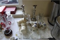 Silver plated candle sticks, glass candlesticks,