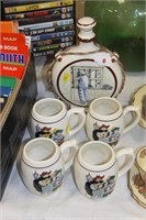 Mexican ceramic bottle & 4 mugs, one A/F