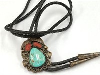 STERLING SILVER TURQUOISE & RED CORAL BOLO