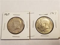 1967 X 2 40% KENNEDY SILVER HALF DOLLAR COINS