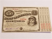 STATE OF LOUISIANA $5 1886 BABY BOND W 4 COUPONS