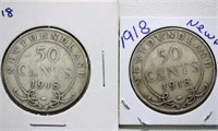 2 X 1918 Newfoundland Canada 50 Cent Coins