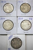 5 X 1952 Canada 50 Cent Coins