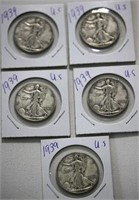 5 X 1939 US Half Dollars