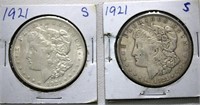 2 X 1921 "s" US Silver Dollars